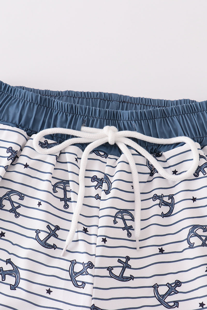 Blue Stripe Anchor Print Dad Swim Trunks