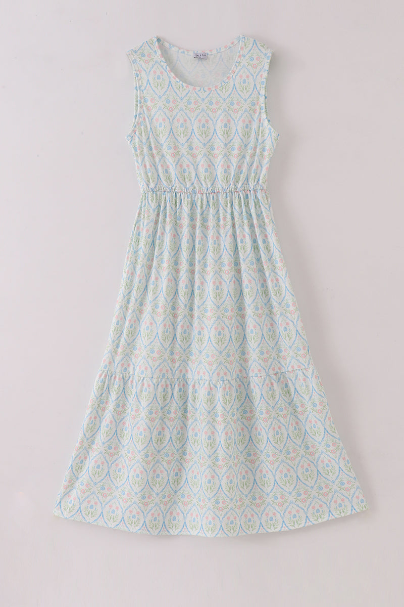 Blue Delicate Floral Print Mom Dress