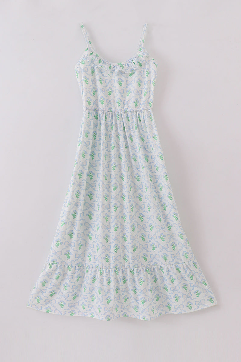 Green Leaves Bow Print Mom&me Dress