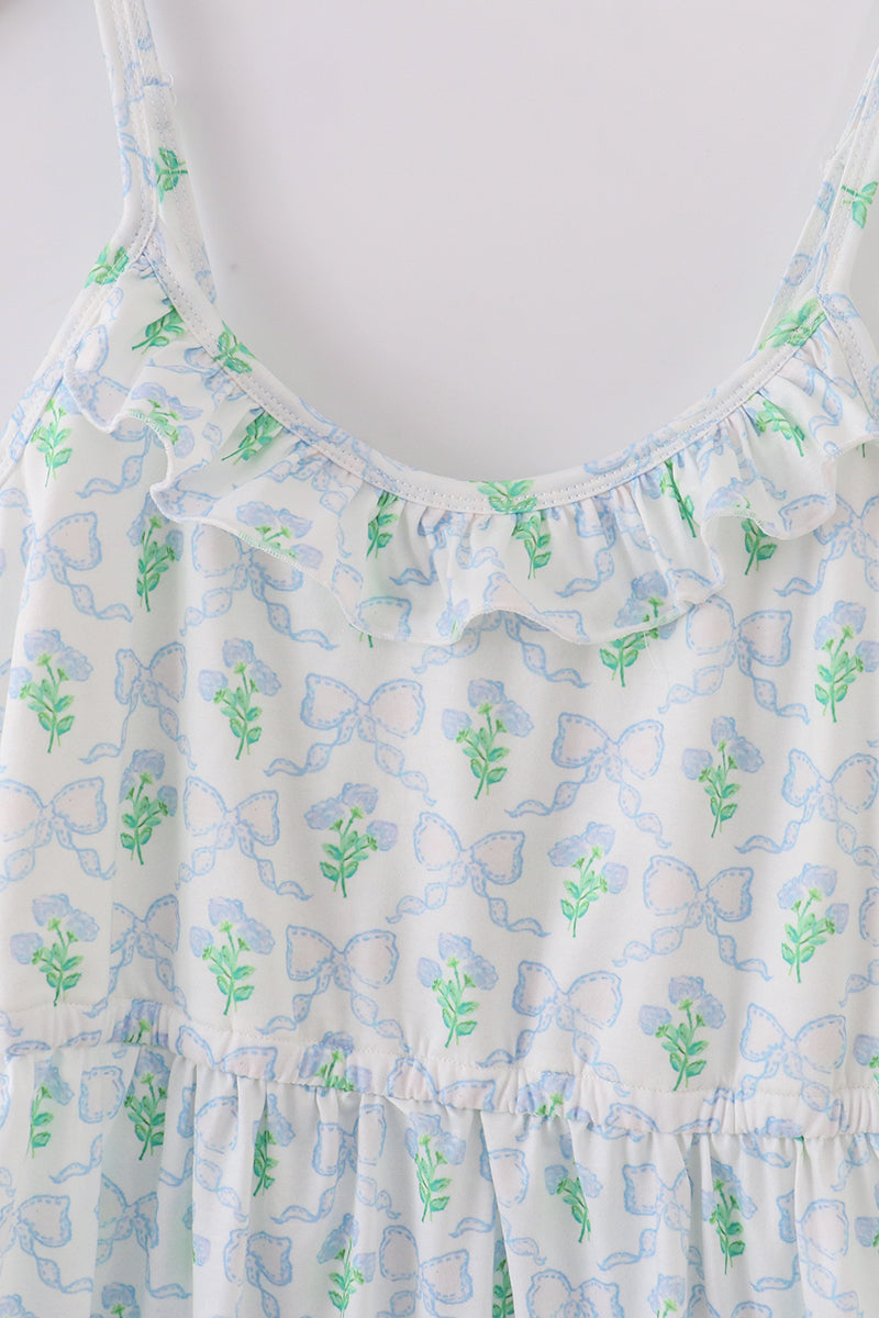 Green Leaves Bow Print Mom&me Dress
