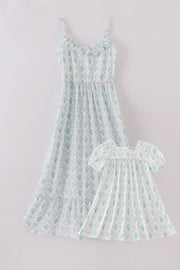 Green Leaves Bow Print Mom&me Dress