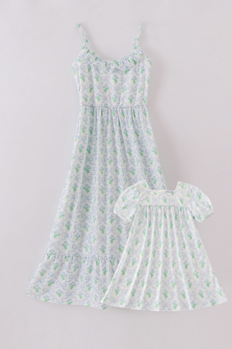 Green Leaves Bow Print Mom&me Dress