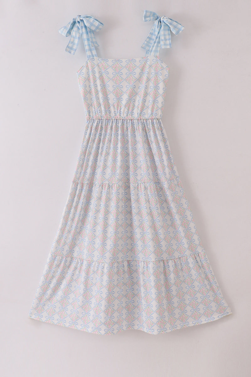 Plaid Floral Bow Print Mom Tiered Dress