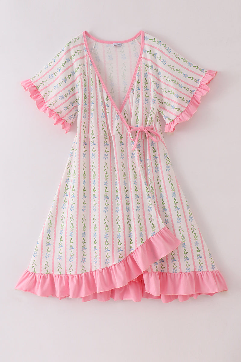 Pink Floral Print Mom Ruffle Dress