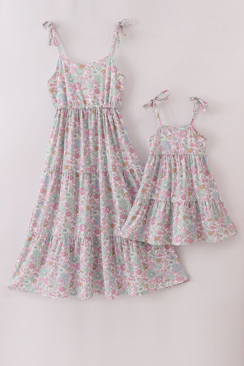 Mint Pink Floral Print Mom&me Tiered Dress