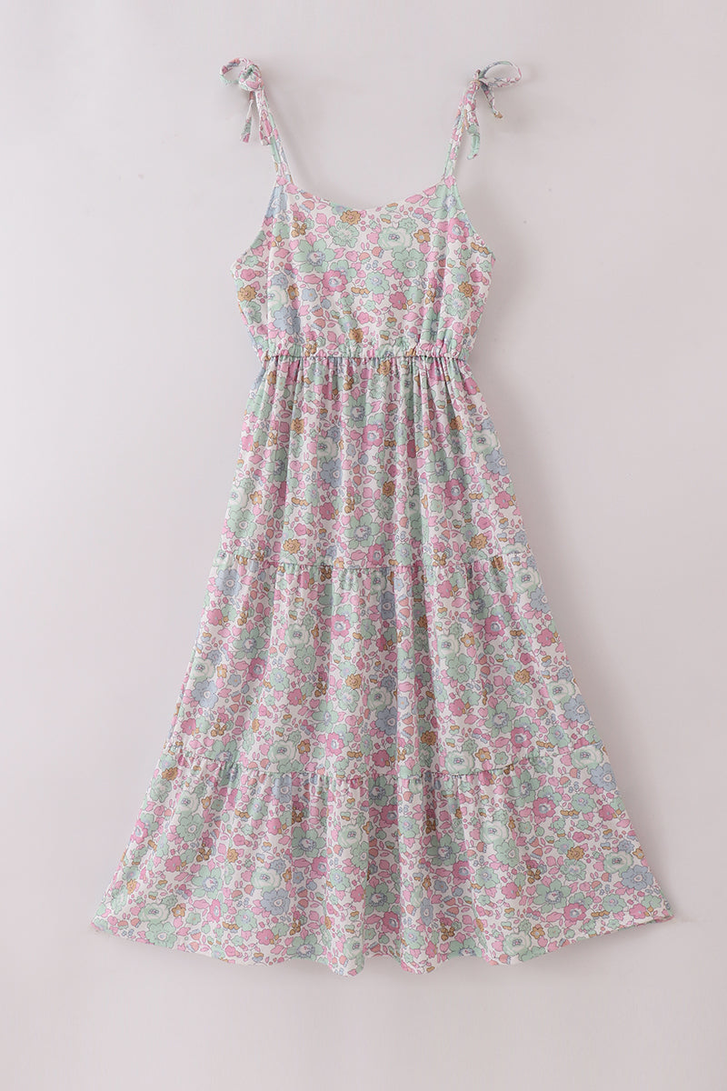 Mint Pink Floral Print Mom&me Tiered Dress