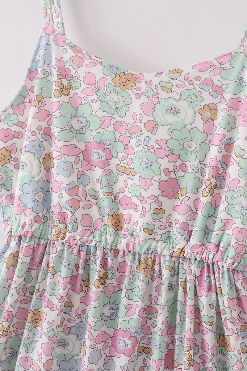 Mint Pink Floral Print Mom&me Tiered Dress