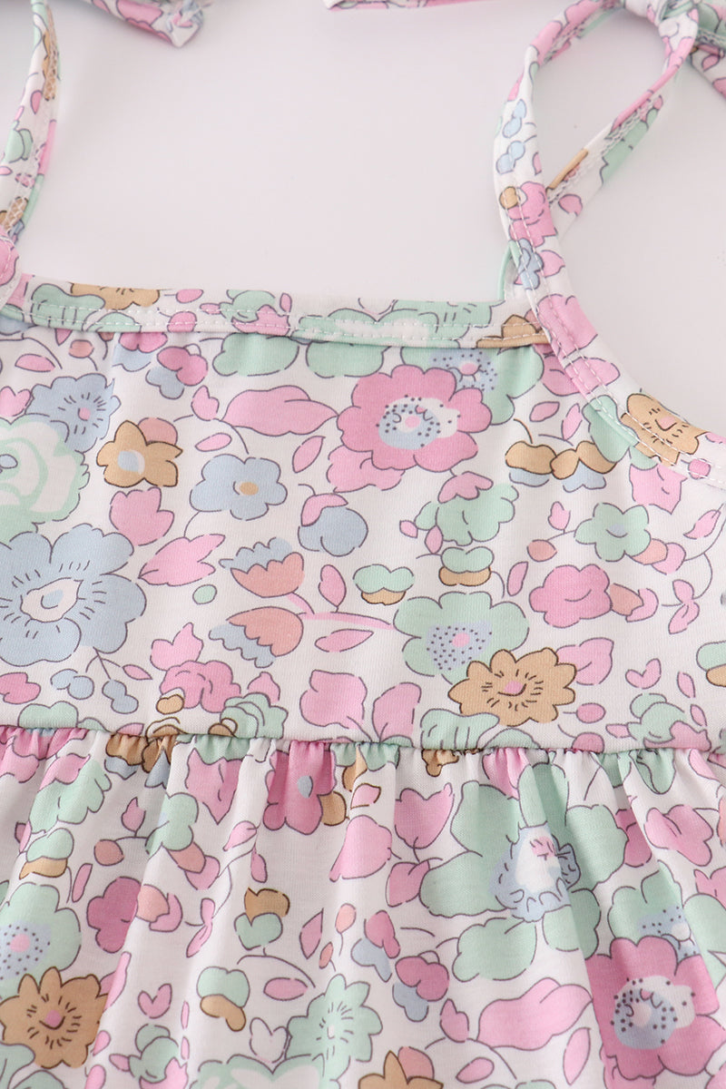Mint Pink Floral Print Mom&me Tiered Dress