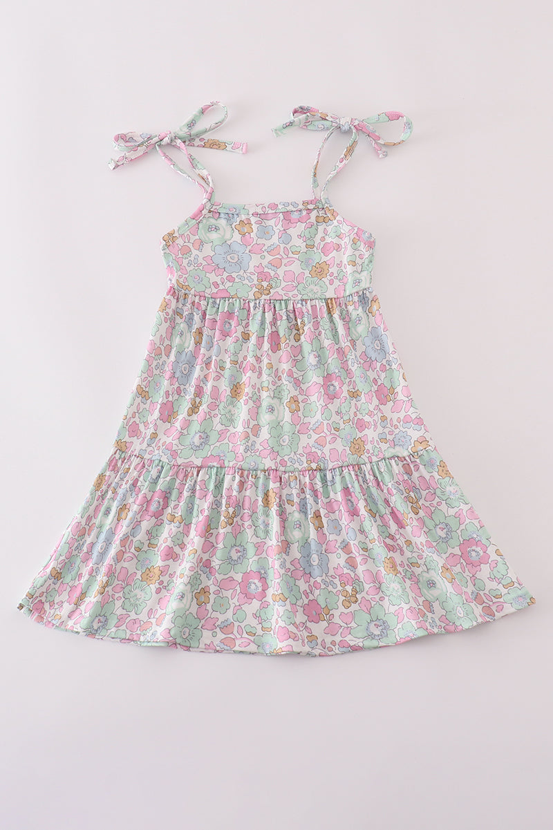 Mint Pink Floral Print Mom&me Tiered Dress