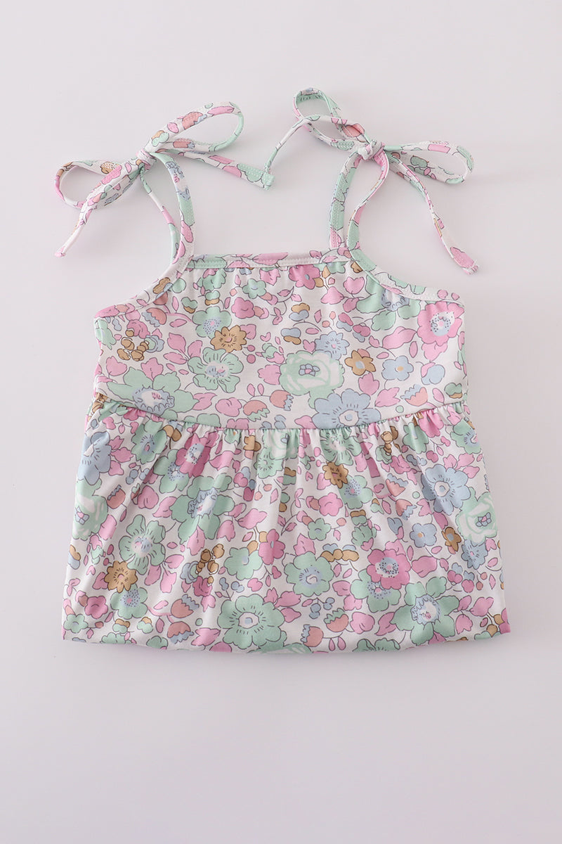 Mint Pink Floral Print Mom&me Tiered Dress