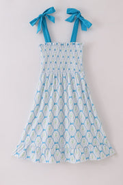 Blue Floral Bow Tie Strap Mom Dress