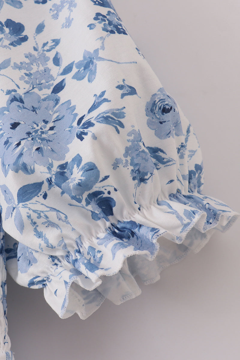 Blue Smocked Floral Print Mom Dress