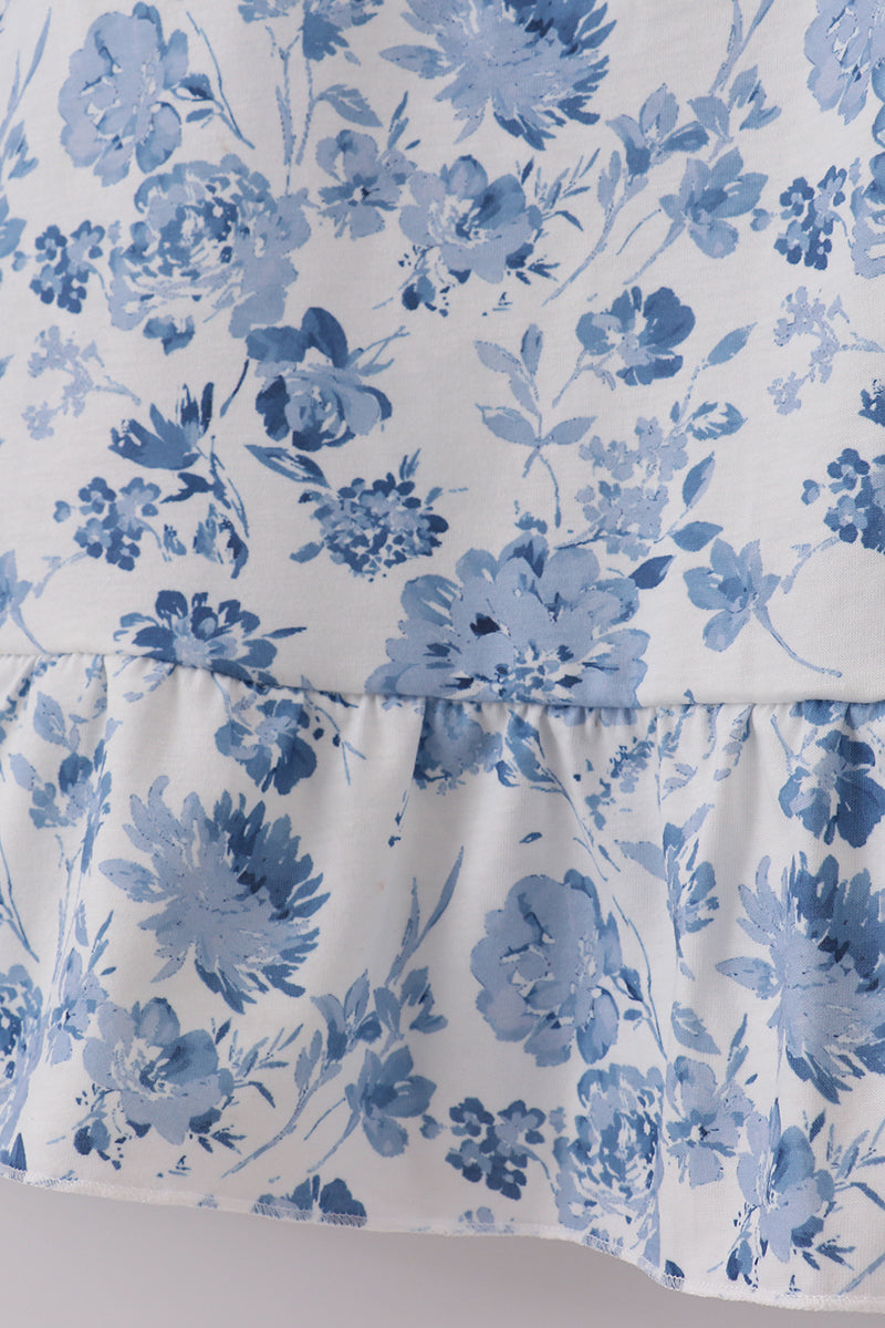 Blue Smocked Floral Print Mom Dress