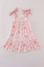 Pink Bow Print Ruffle Mom&me Dress
