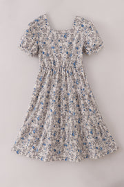 Blue Vintage Floral Print Tiered Mom Dress