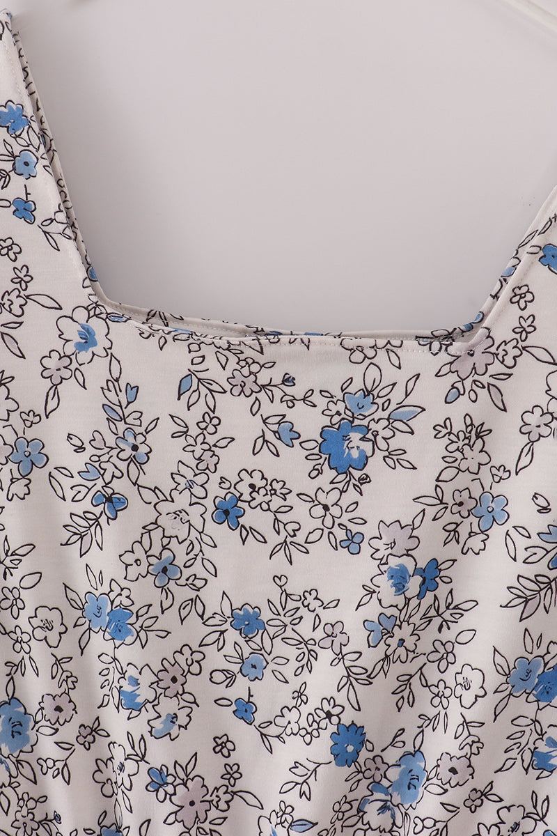 Blue Vintage Floral Print Tiered Mom Dress