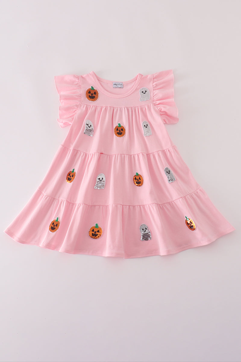Pink Ghost Pumpkin Sequin Ruffle Dress