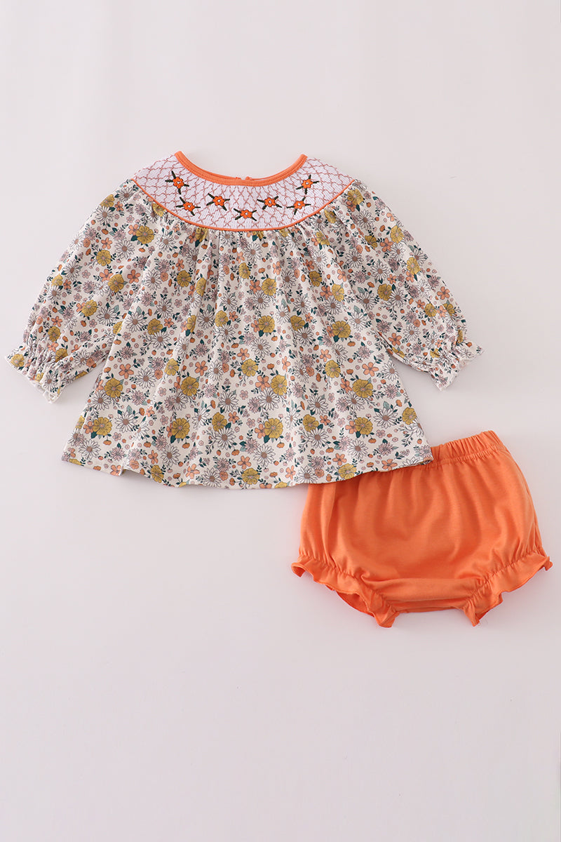 Floral Embroidery Smocked Bloomer Set
