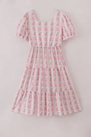 Pink Floral Print Tiered Mom Dress