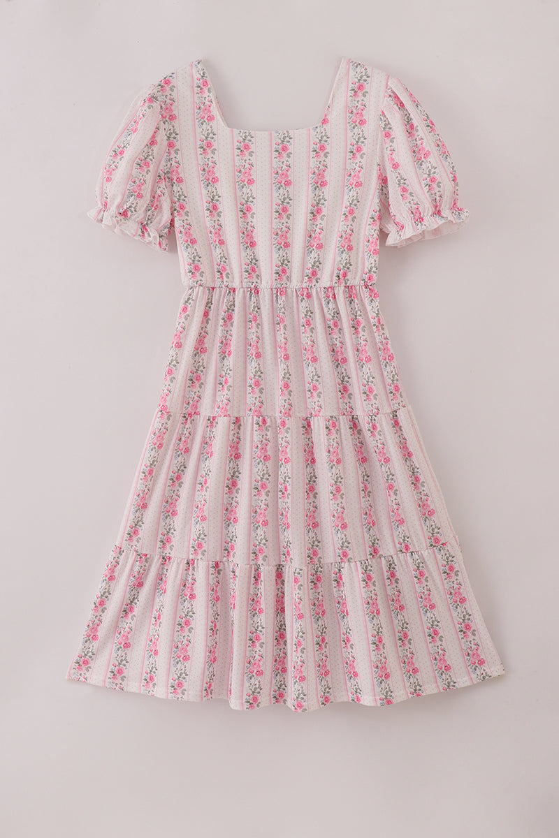 Pink Floral Print Tiered Mom Dress