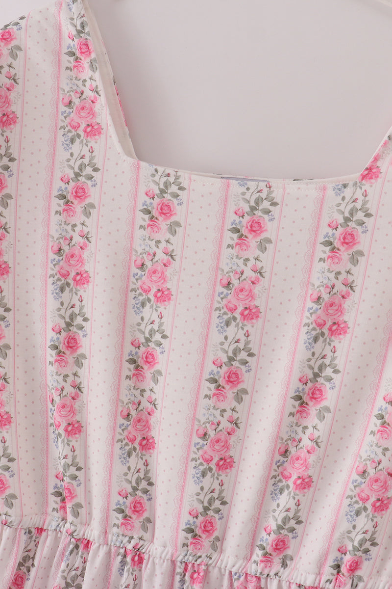 Pink Floral Print Tiered Mom Dress