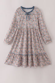 Blue Floral Print Ruffle Mom Dress