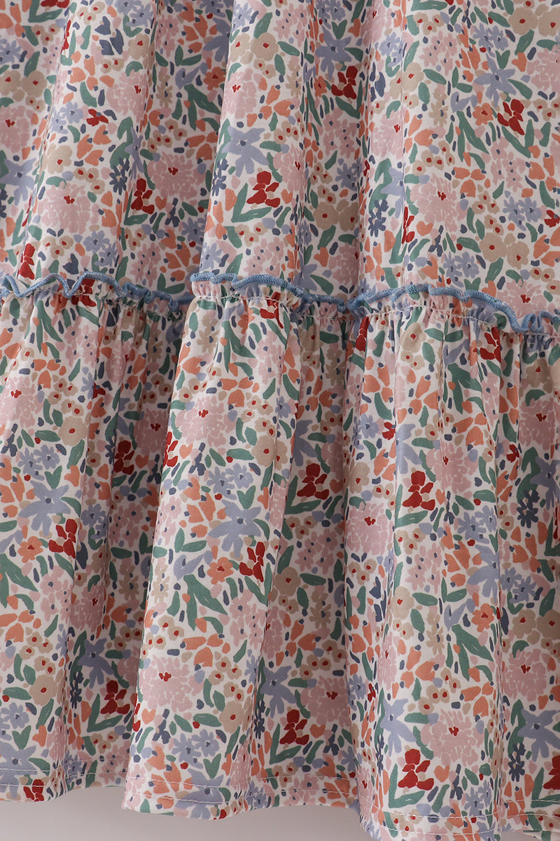 Blue Floral Print Ruffle Mom Dress