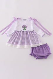 Lavender Ribbon Lace Embroidery Gingham Bloomer Set