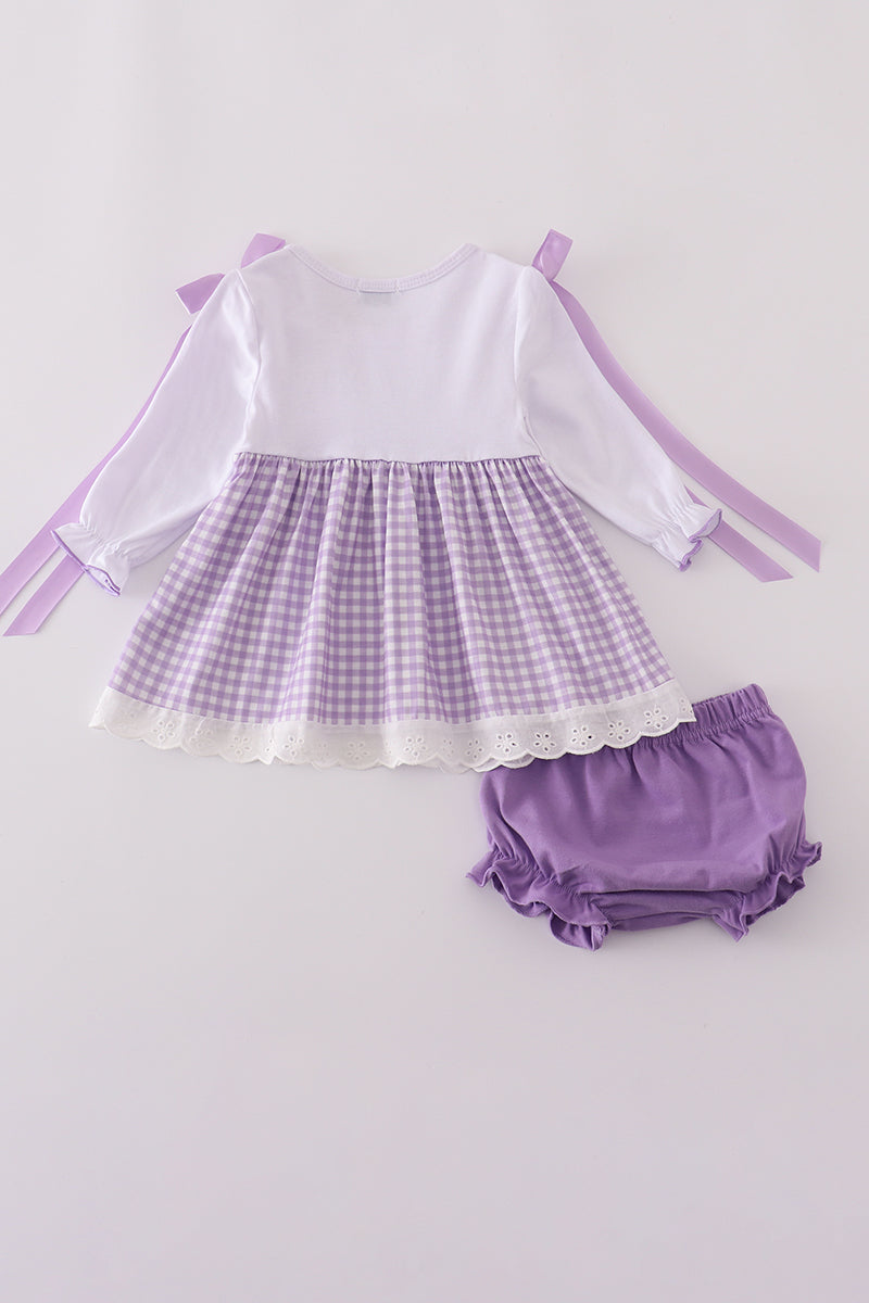 Lavender Ribbon Lace Embroidery Gingham Bloomer Set