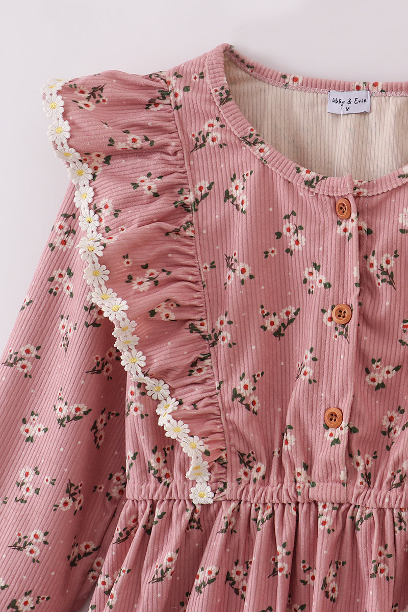 Floral Corduroy Lace Ruffle Mom Dress