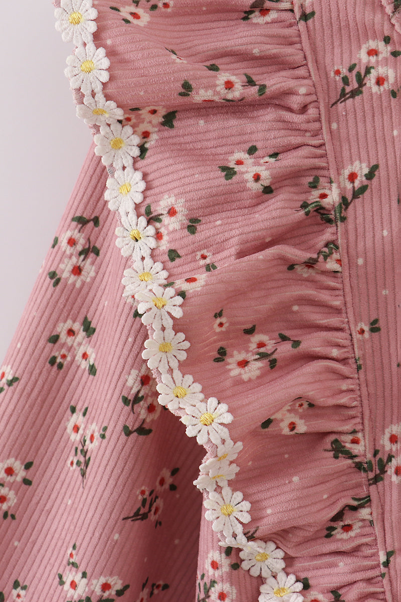 Floral Corduroy Lace Ruffle Mom Dress