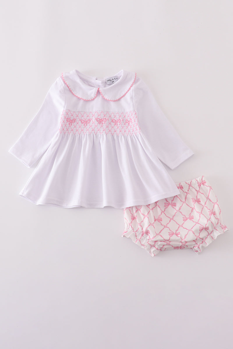 Pink Bow Smocked Bloomer Set