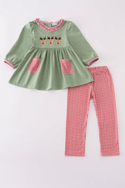 Green Christmas Reindeer Embroidery Girl Set