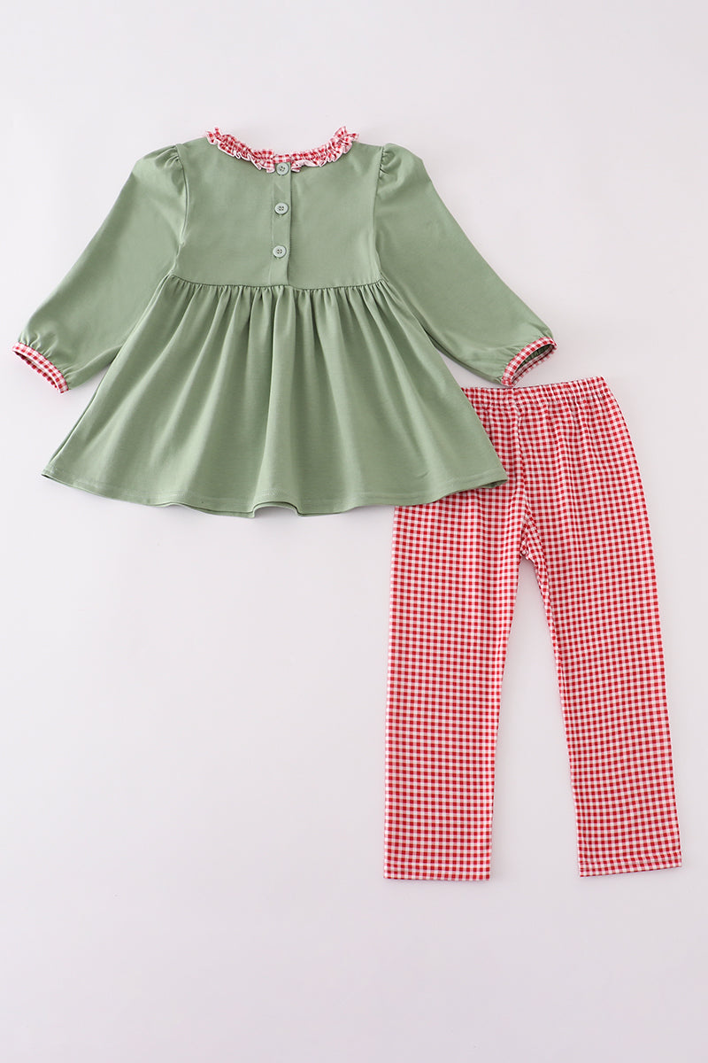 Green Christmas Reindeer Embroidery Girl Set