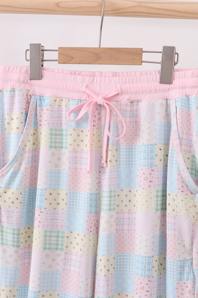 Pink Floral Checkered Bamboo Mom Pajamas Pants