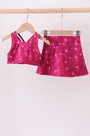 Wine Red Glitter Skort Set