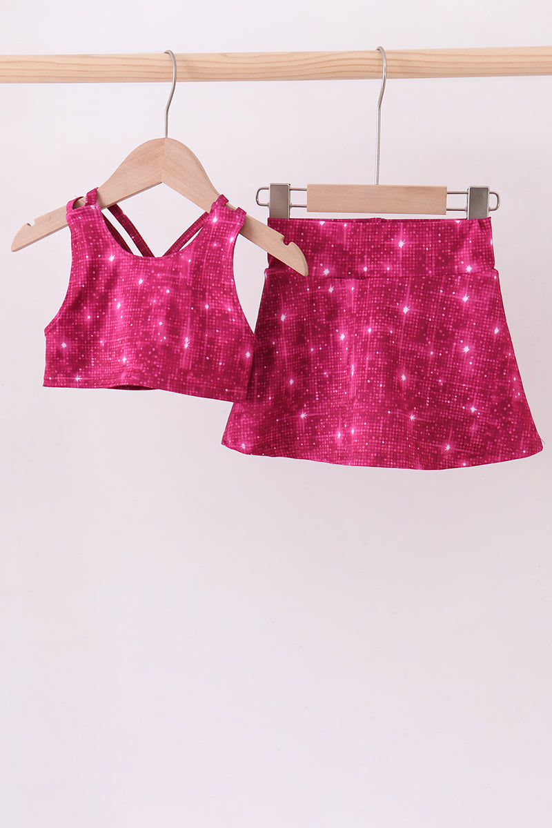 Wine Red Glitter Skort Set