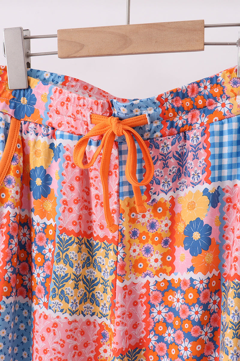 Orange Floral Patchwork Bamboo Women Pants