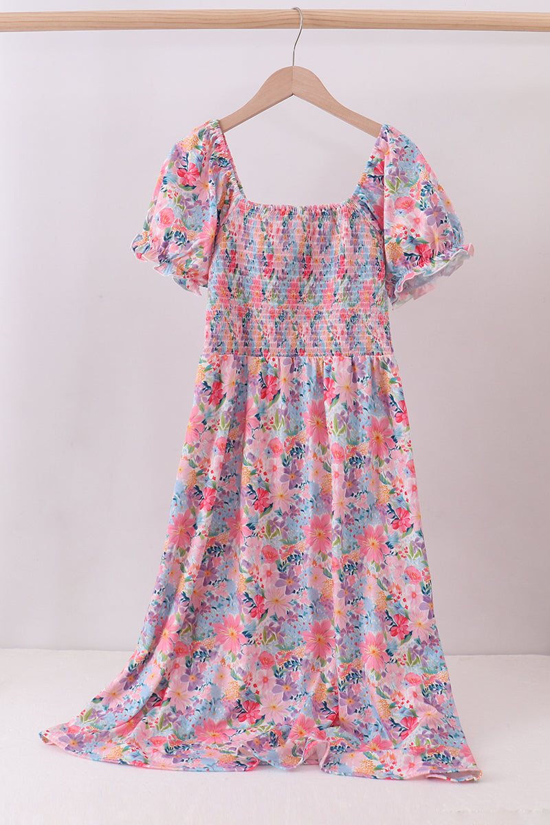 Purple Floral Smocked Women Dress