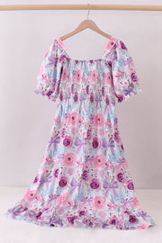 Purple Smocked Floral Dress