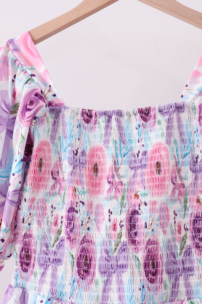 Purple Smocked Floral Dress