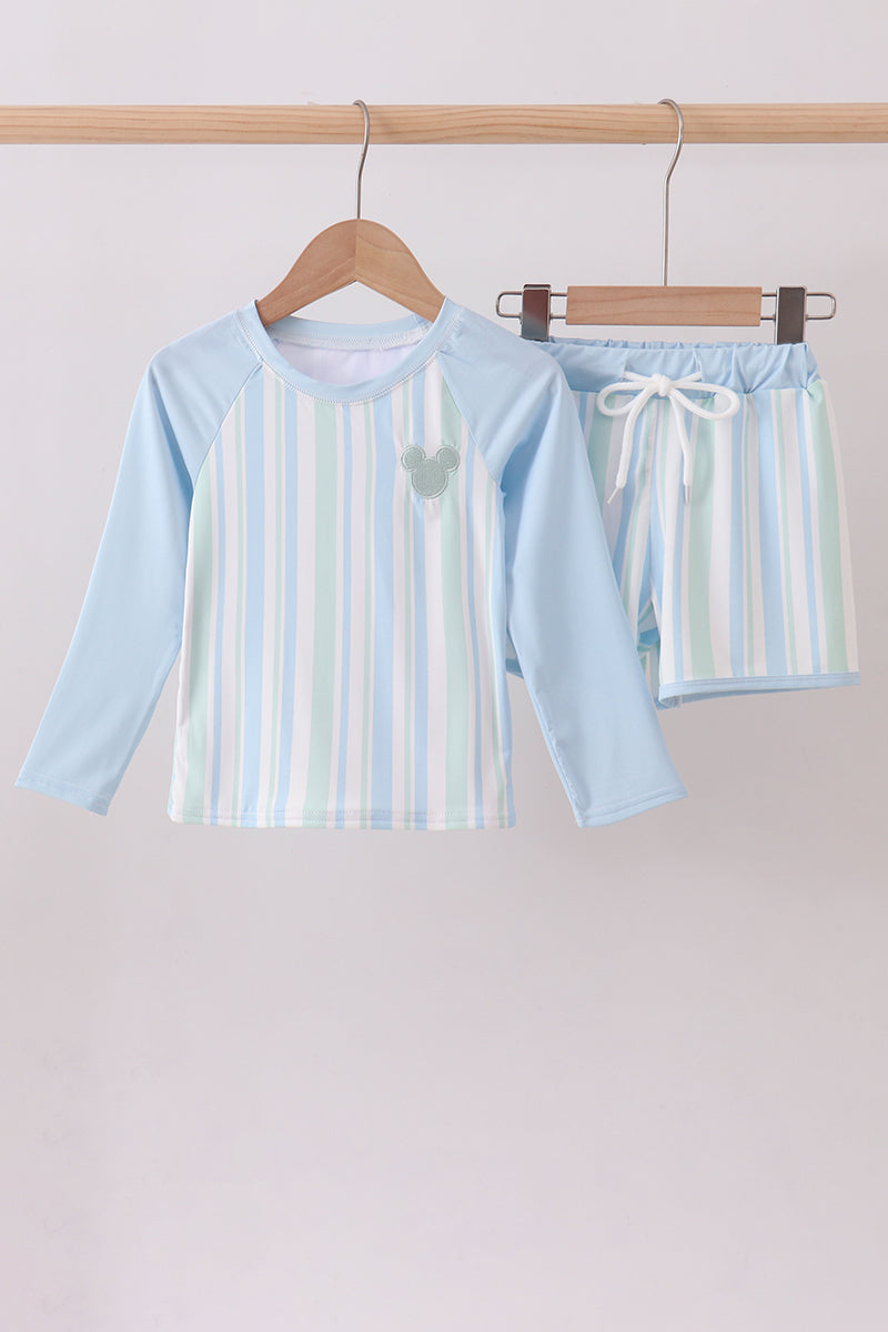 Blue Character Embroidery Stripe Long Sleeve Swimsuit