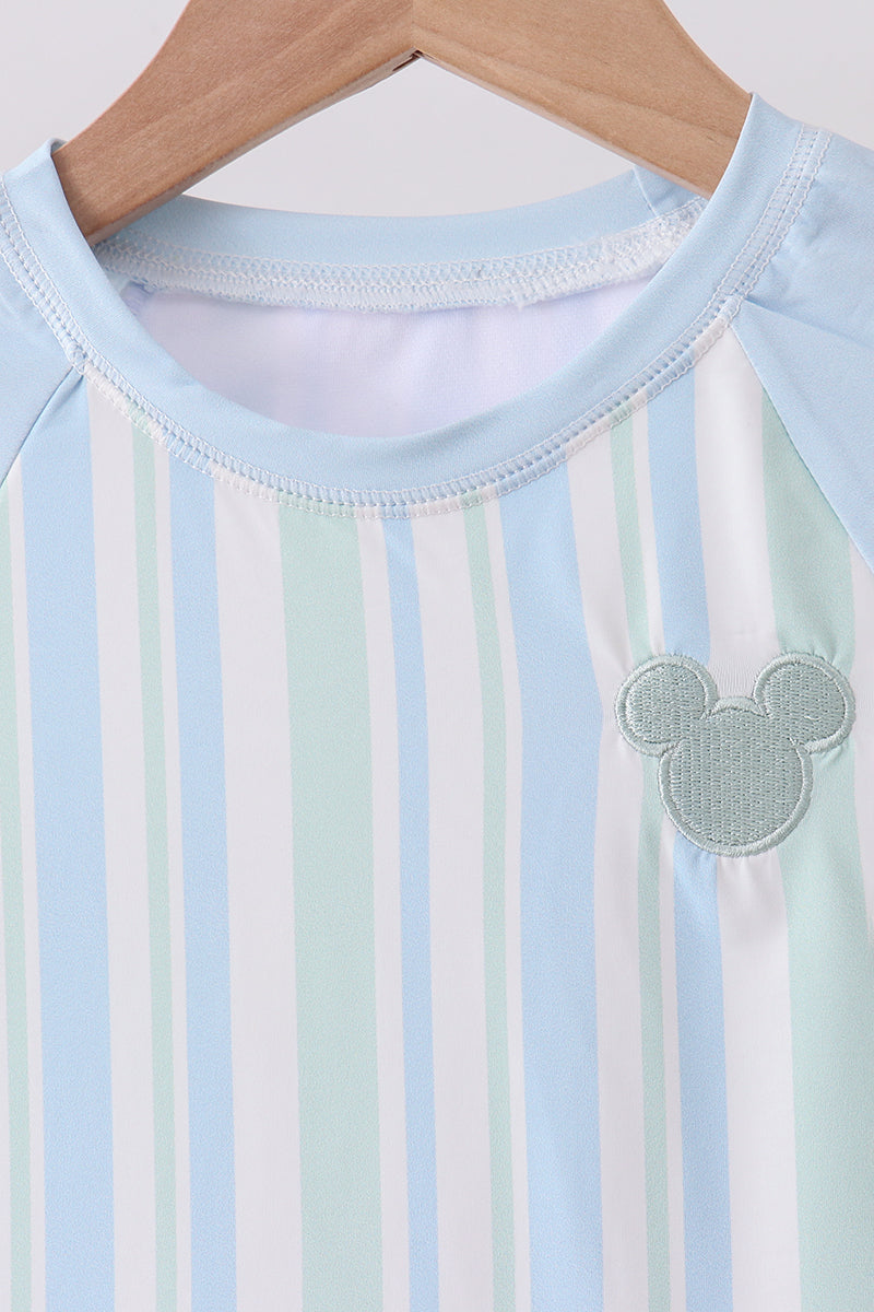 Blue Character Embroidery Stripe Long Sleeve Swimsuit
