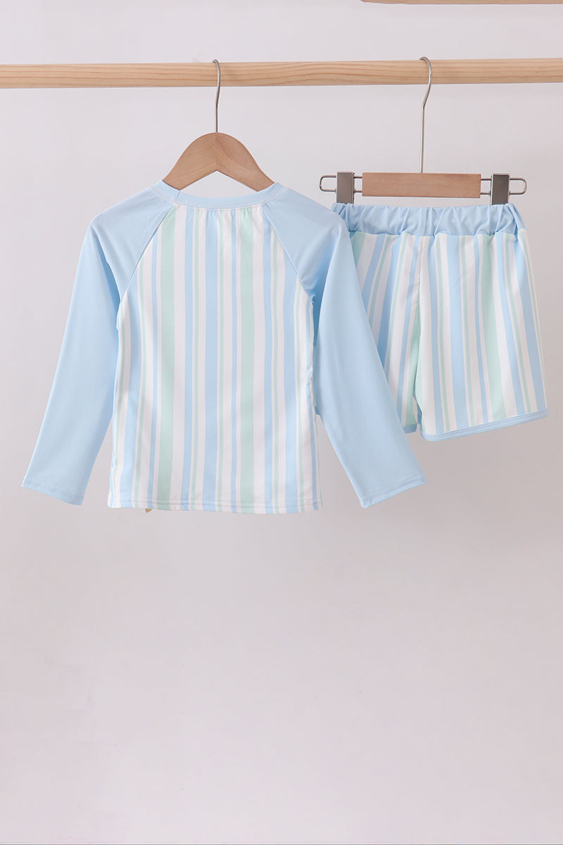 Blue Character Embroidery Stripe Long Sleeve Swimsuit