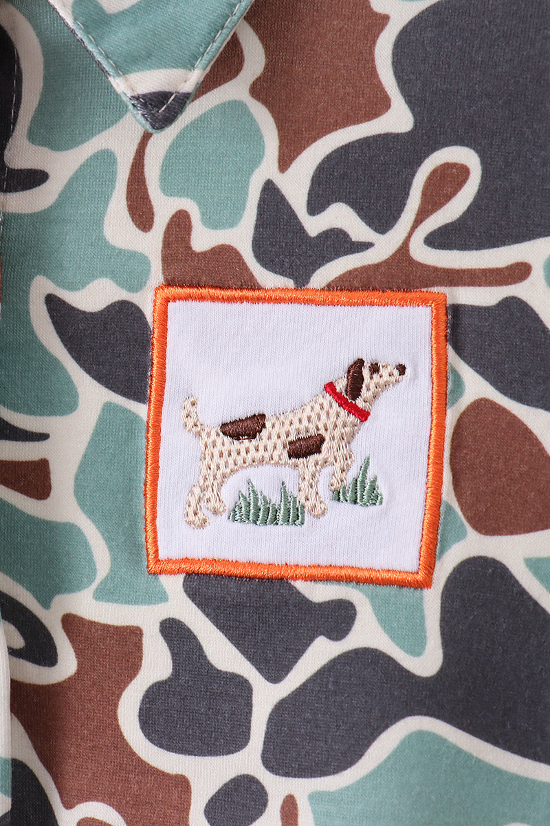 Camouflage Puppy Hunting Embroidery Button Shirt