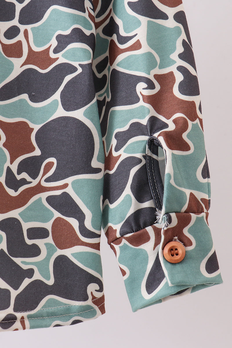 Camouflage Puppy Hunting Embroidery Button Shirt