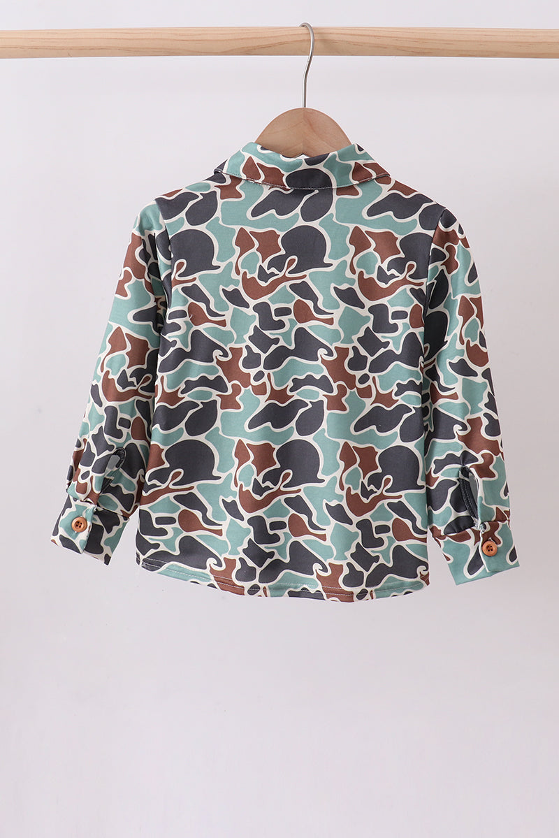 Camouflage Puppy Hunting Embroidery Button Shirt