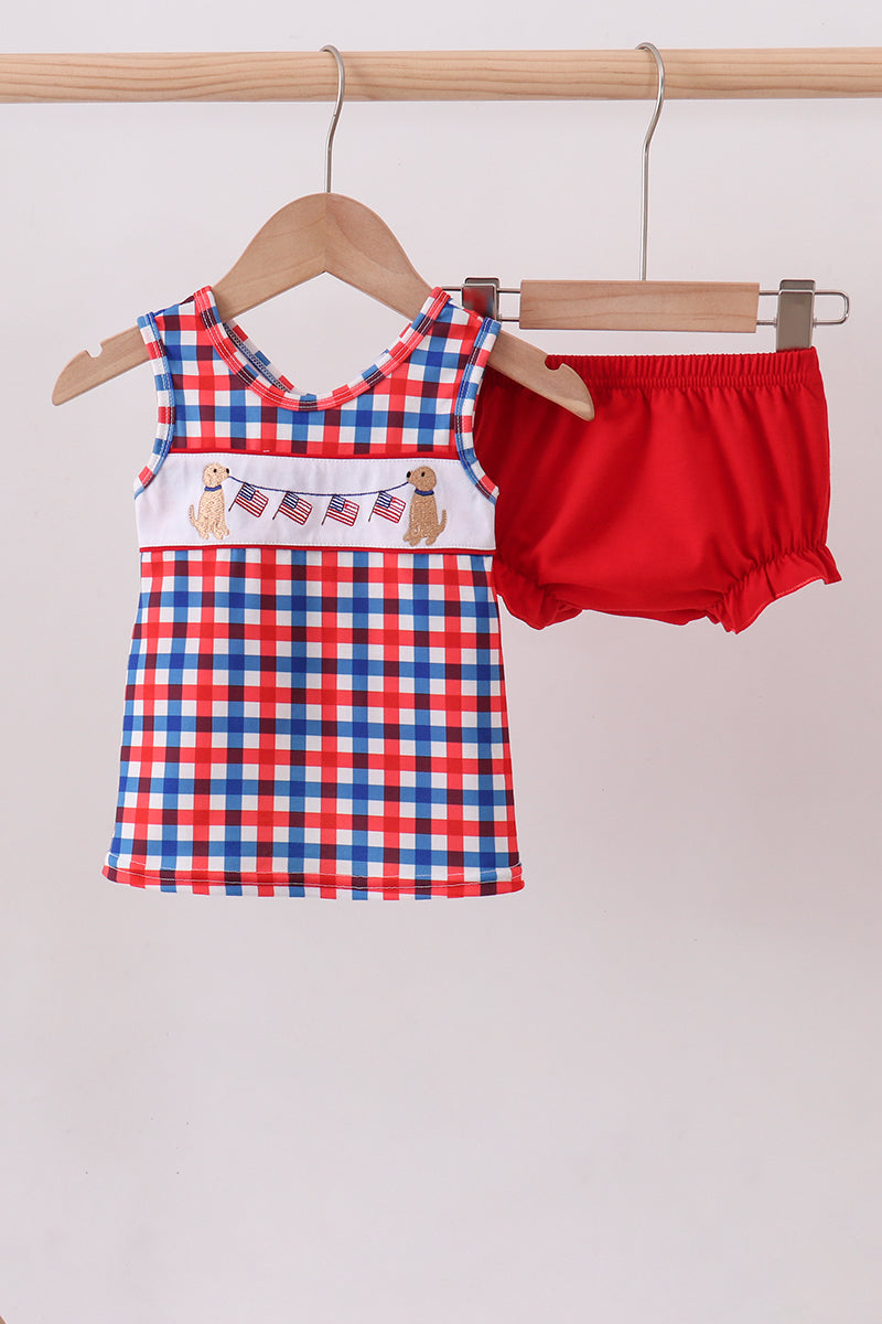 Red Puppy Embroidery Gingham Bloomer Set