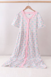 Pink Hydrangea Bow Print Tiered Dress