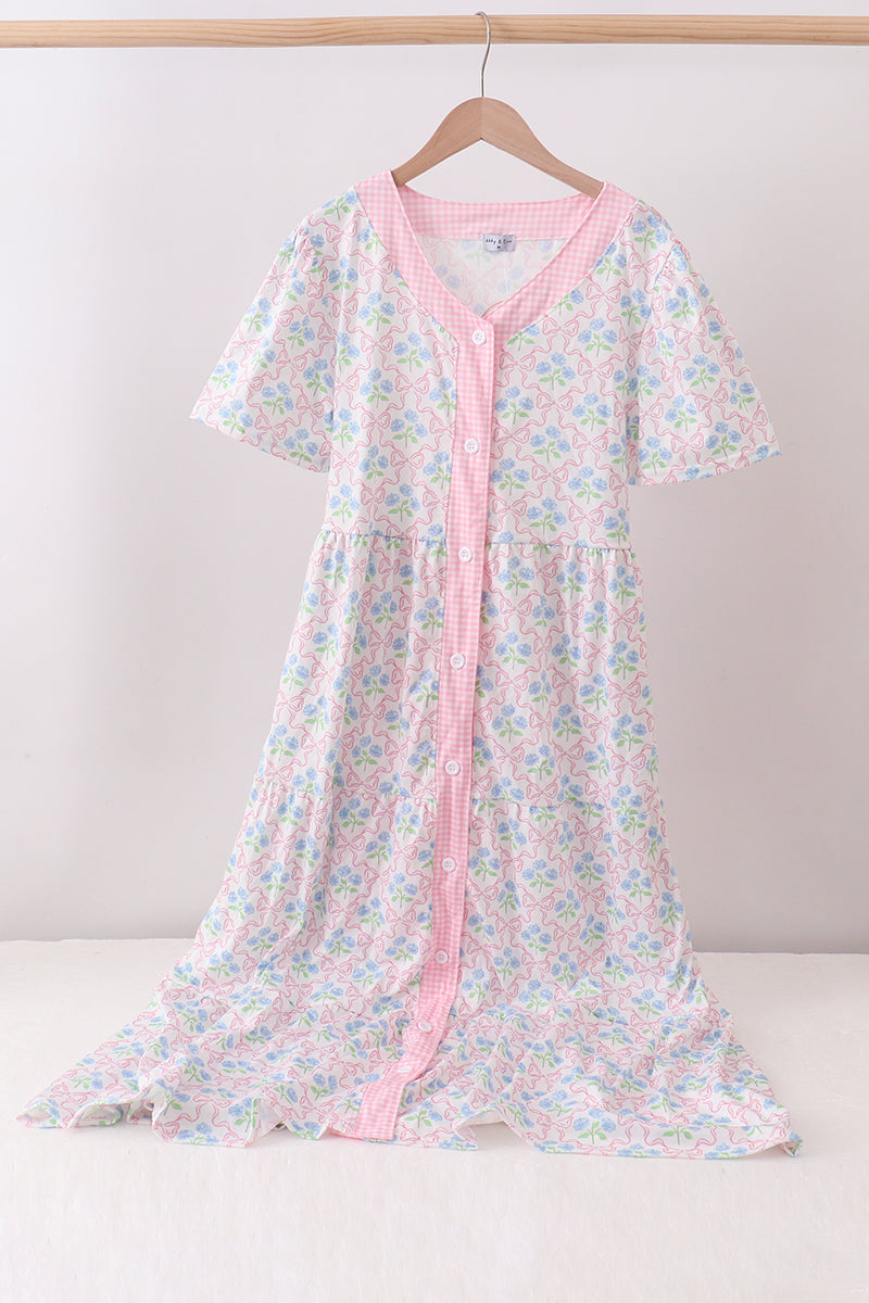Pink Hydrangea Bow Print Tiered Dress